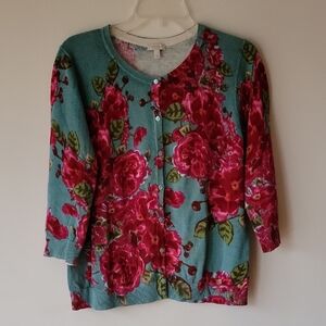 Talbots Teal and Red Floral Cotton Cardigan